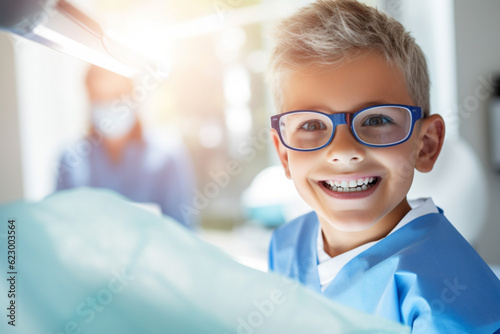 Smiling child, boy, wearing glasses at the doctor's appointment treatment exam illness, physician