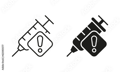 Vaccine Warning Line and Silhouette Icon Set. Vaccination Syringe with Alert Sign. Precautions About Drug, Dope, Narcotic Syringe Symbol Collection. Isolated Vector illustration