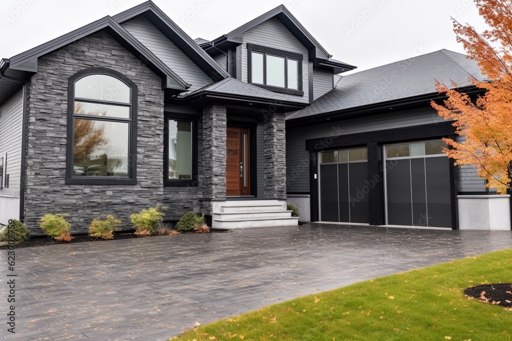 Spacious Front Yard and Double Garage: Modern New Construction House with Dark Gray Siding and Natural Stone Features, generative AI Spacious Front Yard and Double Garage: Modern New Construction House with Dark Gray Siding and Natural Stone Features, generative AI