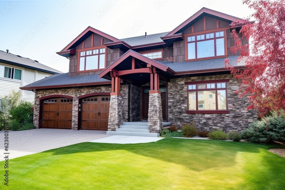 Spacious Front Yard & Double Garage: Modern New Construction House with Striking Red Siding & Natural Stone Features, generative AI