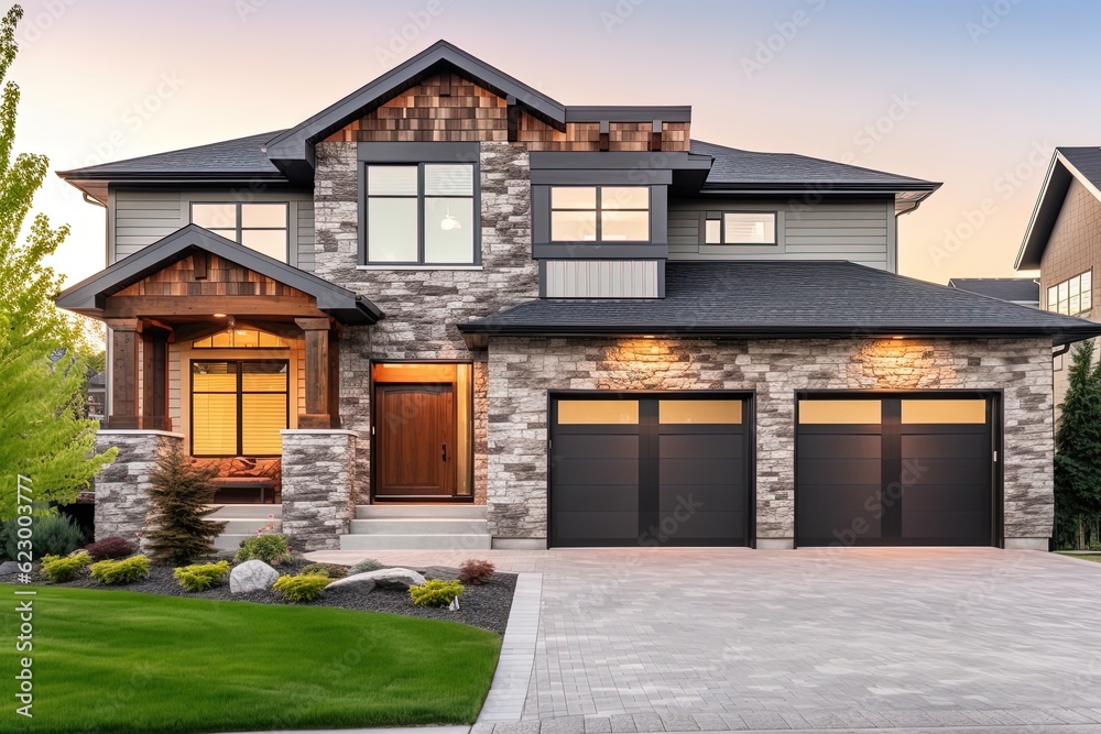 Spacious Front Yard and Double Garage: Modern New Construction House with Green Siding and Natural Stone Features, generative AI