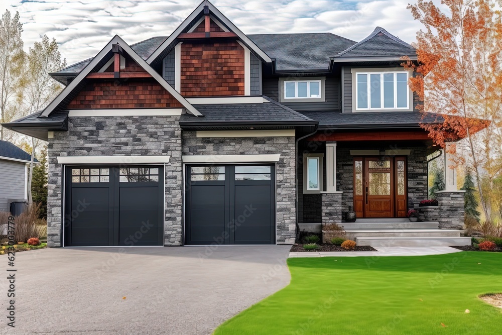 Spacious Front Yard and Double Garage: A Modern New Construction House with Dark Green Siding and Natural Stone Features, generative AI