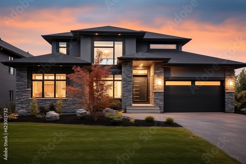 Modern New Construction House with Spacious Front Yard and Double Garage: Stylish Dark Gray Siding and Striking Natural Stone Features, generative AI © Michael