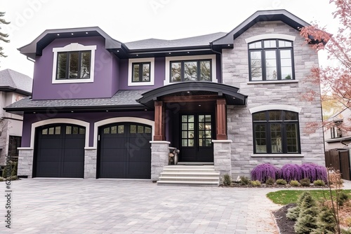 Cutting-Edge Features in Prestigious Newly Developed Home with Single Car Garage and Light Purple Siding, Enhanced by Natural Stone Cladding, generative AI