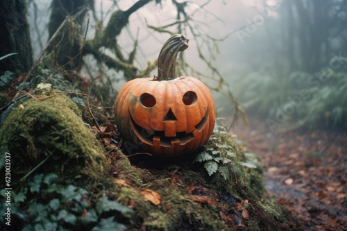 Halloween pumpkin in autumn gloomy forest