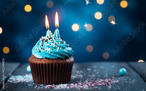 Festive Birthday Cupcake with Candle and Tinsel Decoration. Generative AI © Umar