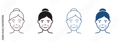 Patches for Beauty Skin. Girl Use Gel Patch Line and Silhouette Icon Set. Face Anti Aging Procedure, Cosmetic Collagen Patches Against Wrinkles Symbol Collection. Isolated Vector Illustration
