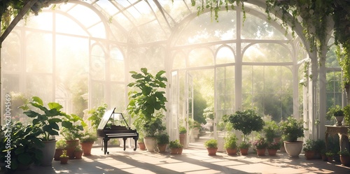 Glass white greenhouse with windows and plants.