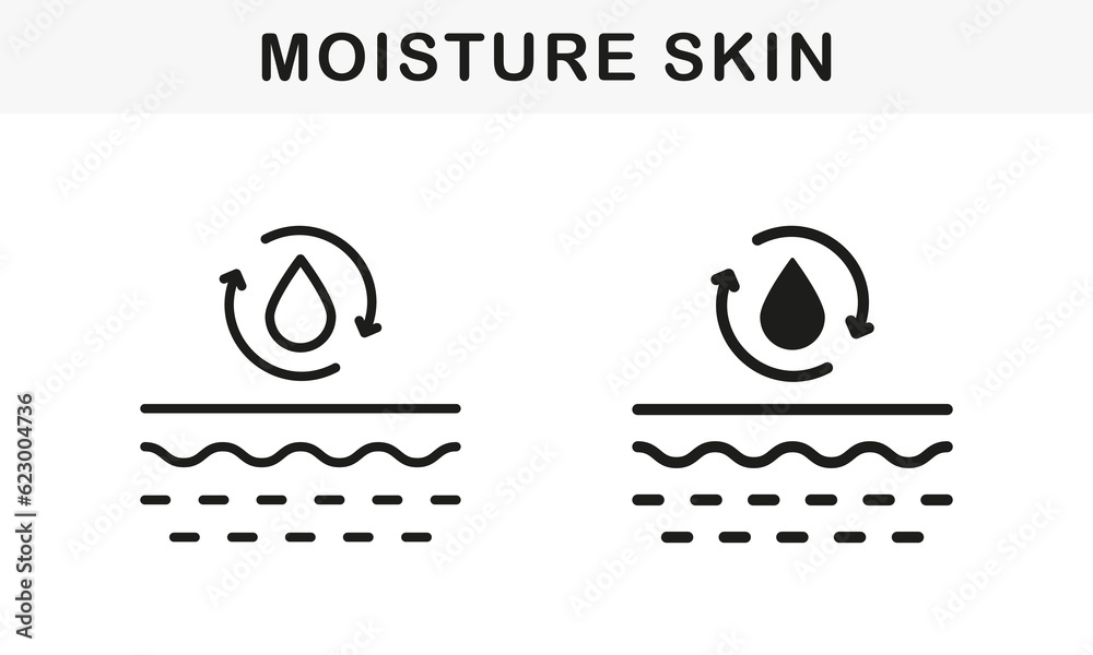 Naklejka premium Skin Absorb Liquid Vitamin, Gel, Serum, Cream Symbol Collection. Moisture Skin Line and Silhouette Black Icon Set. Water Drop with Arrow and Skin Layer Pictogram. Isolated Vector Illustration