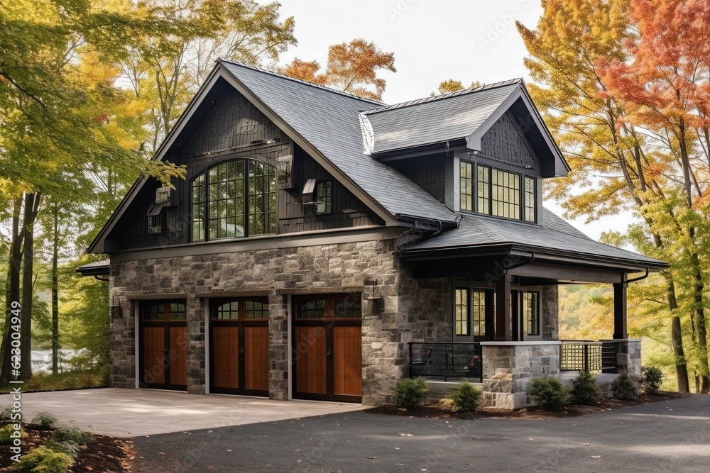 Stylish Design: Sophisticated New Build Property with Three-Car Garage, Green Siding, and Natural Stone Walls, generative AI