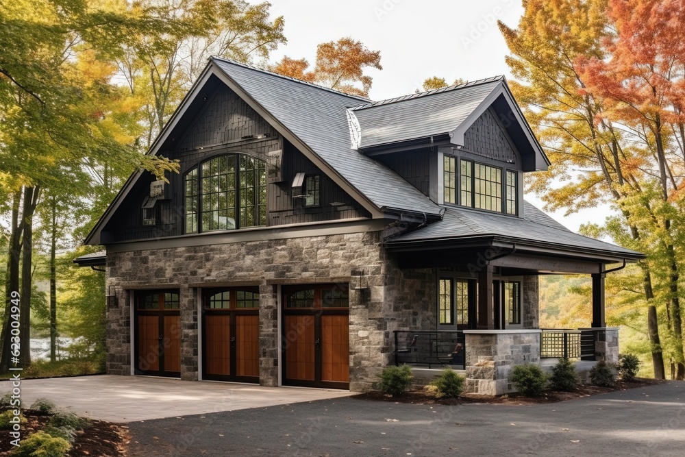Stylish Design: Sophisticated New Build Property with Three-Car Garage, Green Siding, and Natural Stone Walls, generative AI Stylish Design: Sophisticated New Build Property with Three-Car Garage, Green Siding, and Natural Stone Walls, generative AI