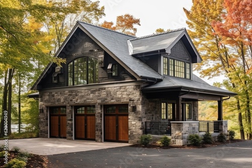 Stylish Design: Sophisticated New Build Property with Three-Car Garage, Green Siding, and Natural Stone Walls, generative AI