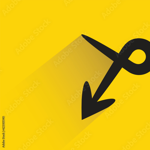 turn down arrow symbol with shadow on yellow background