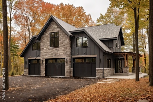 Sophisticated, Stylish Design: A New Build Property with a Three-Car Garage, Dark Green Siding, and Natural Stone Walls, generative AI