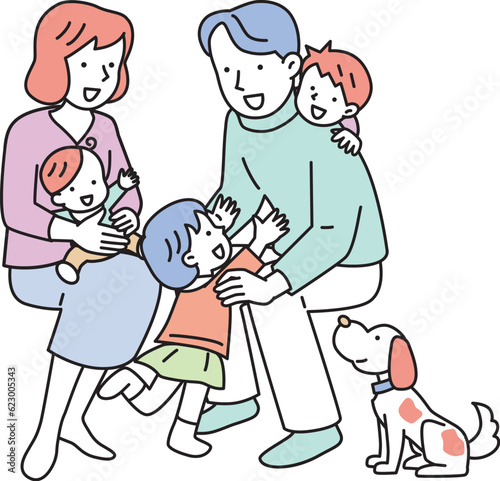 若い夫婦と子供3人の仲よし家族と愛犬