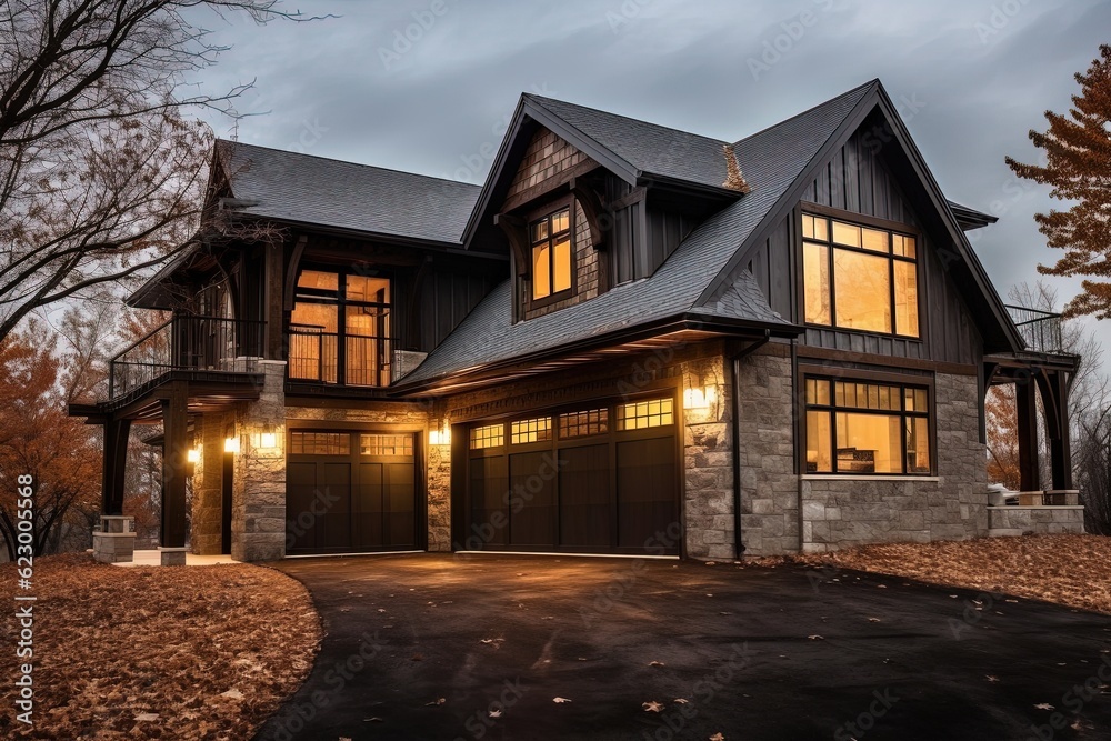 Stylish Design Meets Sophisticated Charm: A New Build Property with a Three-Car Garage, Dark Gray Siding and Natural Stone Walls, generative AI Stylish Design Meets Sophisticated Charm: A New Build Property with a Three-Car Garage, Dark Gray Siding and Natural Stone Walls, generative AI