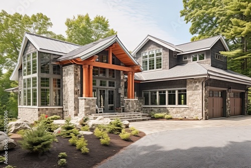 Stylish Design, Three-Car Garage: A Sophisticated New Build Property with Coral Siding and Natural Stone Walls, generative AI