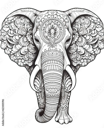 Mandala, black and white illustration for coloring animals, elephant.