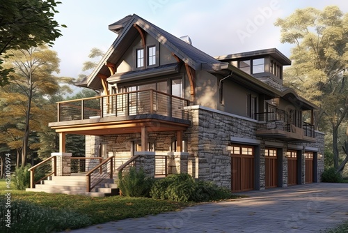 Upscale New Development Home with Avant-Garde Aesthetic: Green Siding, Natural Stone Porch & Single Car Garage, generative AI