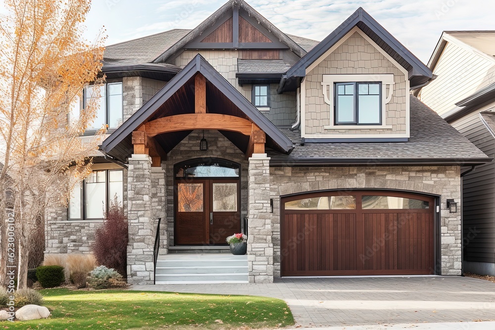 Upscale New Development Home: Avant-Garde Aesthetic, Single Car Garage, Beige Siding, Natural Stone Porch, generative AI Upscale New Development Home: Avant-Garde Aesthetic, Single Car Garage, Beige Siding, Natural Stone Porch, generative AI