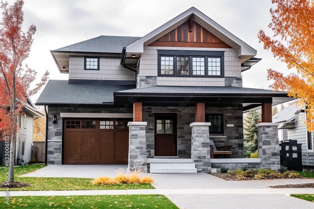 Upscale New Development Home with Avant-Garde Aesthetic Featuring Light Gray Siding, Natural Stone Porch, and Single Car Garage, generative AI Upscale New Development Home with Avant-Garde Aesthetic Featuring Light Gray Siding, Natural Stone Porch, and Single Car Garage, generative AI