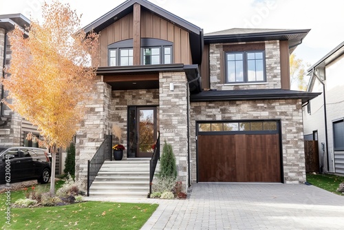 Avant-Garde Aesthetic and Upscale Amenities Define this Unique New Development Home with Single Car Garage, Brown Siding, and Natural Stone Porch, generative AI