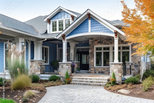 Avant-Garde Aesthetic Meets Upscale New Development Home with Light Blue Siding, Single Car Garage, and Natural Stone Porch, generative AI © Michael