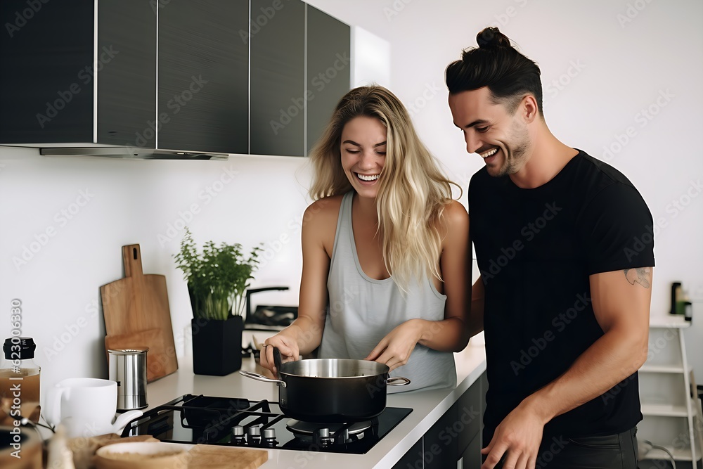 Culinary Delights: Model Couple Cooking in a Modern Kitchen, Generative AI Culinary Delights: Model Couple Cooking in a Modern Kitchen, Generative AI