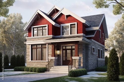 Avant-Garde Aesthetic Meets Upscale New Development Home with Single Car Garage and Red Siding, Enhanced by Natural Stone Porch, generative AI © Michael