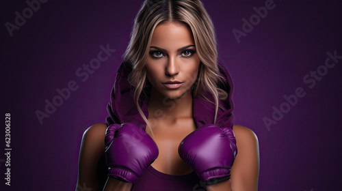 Young sports woman in tracksuit and black putting hands together in boxing gloves isolated over purple background