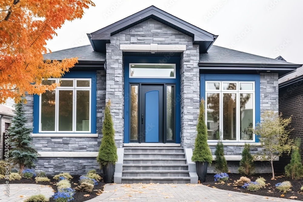 Innovative Aesthetic: Visionary Brand New House with Double Garage, Periwinkle Blue Siding, and Natural Stone Embellishments, generative AI