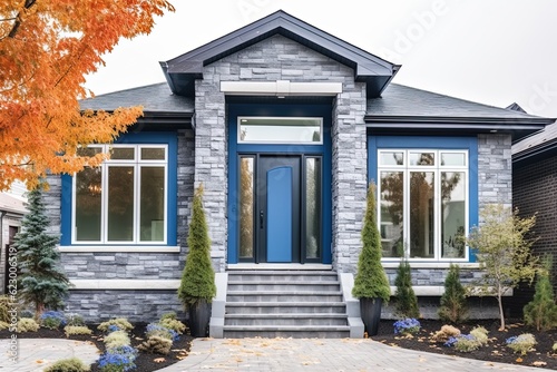 Innovative Aesthetic: Visionary Brand New House with Double Garage, Periwinkle Blue Siding, and Natural Stone Embellishments, generative AI