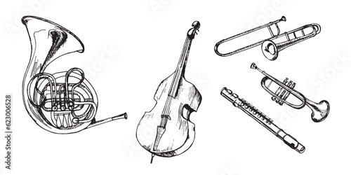 Fényképezés Set of french horn brass, trumpet, tuba musical instruments vector illustration isolated