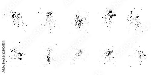 Abstract Splatter Set. Black Paintbrush Splotch. Paint Brush Spatter, Stain Texture. Dirty Ink Splash. Rough Splat, Inkblot Collection. Grunge Effect Design Element. Isolated Vector Illustration