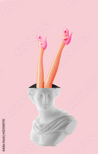 Fotografiet Creative art collage of ancient statue head with female legs in pink shoes flying out of it's head on pink background