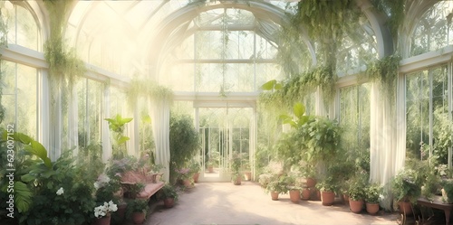 Glass white greenhouse with windows and plants.