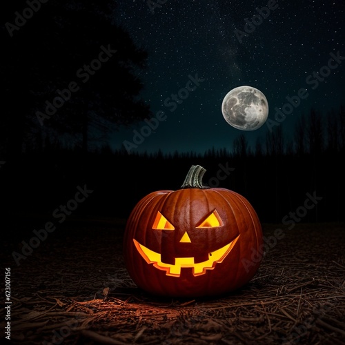 Halloween background. Spooky pumpkin with moon and dark forest © Gutium