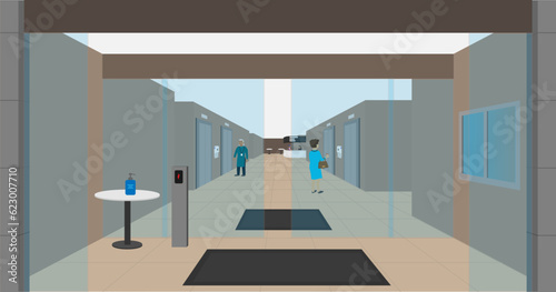 Generic office building entrance with elevators and swipe card entry