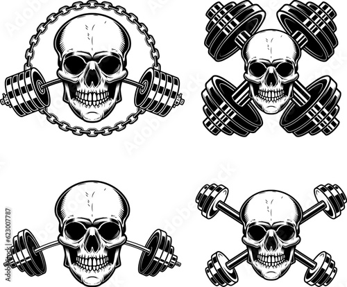 Skull with crossed gym barbells. Gym consept. Design element for logo, label, sign, poster.
