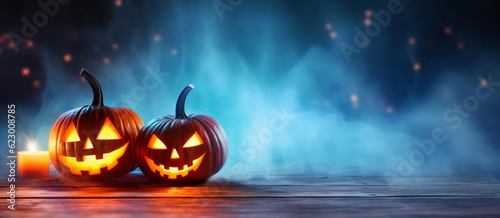 Glowing evil pumpkins in a spooky night with fog, on a wooden table. Halloween banner background - Generative AI