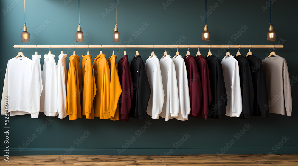 T-shirt hanging on a clothesline, beautiful simple background for high end trendy clothing store Long-sleeved and oversized T-shirts Generative AI