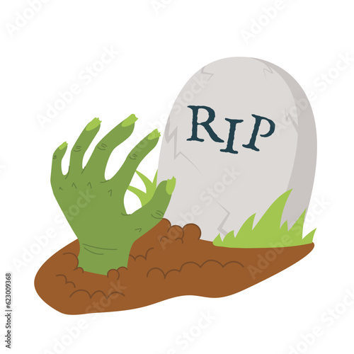 Zombie hand halloween icon, vector horror tombstone grave, comic cartoon monster green hand, ground. Cemetery tombstone, spooky rising undead illustration, halloween concept