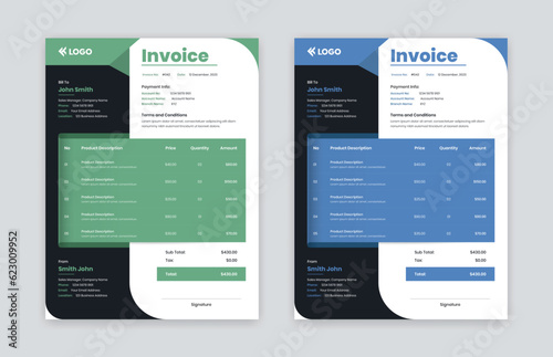 Corporate business invoice or bill receipt template with two color variations