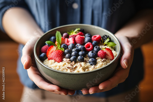 hands holding a bowl of oatmeal and berries.ai generative