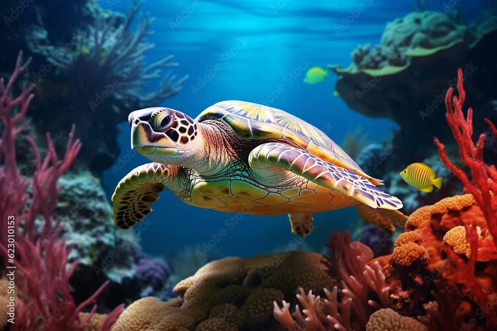 Generative AI a turtle swimming in the ocean in the reef Generative AI a turtle swimming in the ocean in the reef