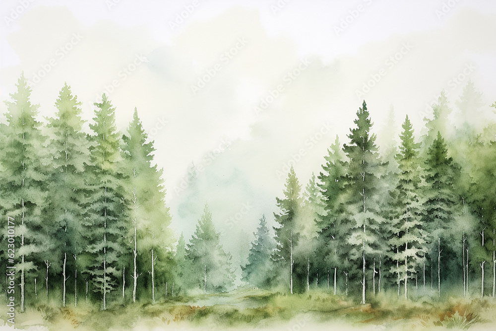 Fototapeta premium Generative AI a landscape of a forest created in watercolor