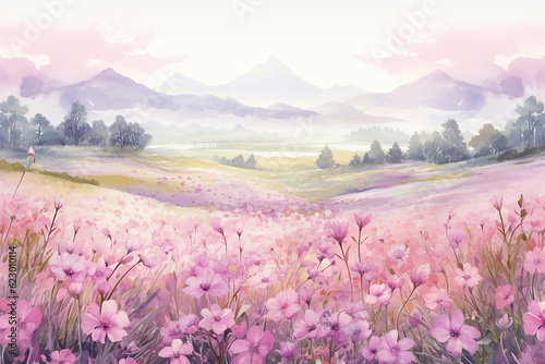 Generative AI a field with flowers created in a minimalist watercolor style
