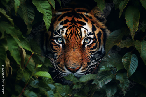 A tiger hiding in the leaves of a tree.ai generative