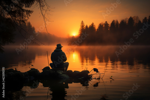 Fisherman by the lake at dawn.ai generative