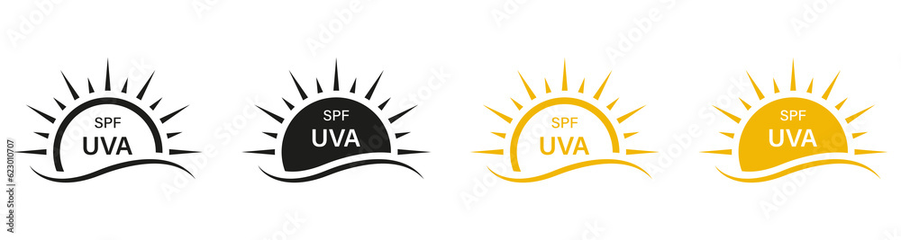 SPF UVA UVB Protection, Sunscreen Lotion Icon Set. UV Skin Protect Pictogram. Sunblock Cream Label. Block Solar Radiation, Anti Ultraviolet Rays Symbol Collection. Isolated Vector Illustration